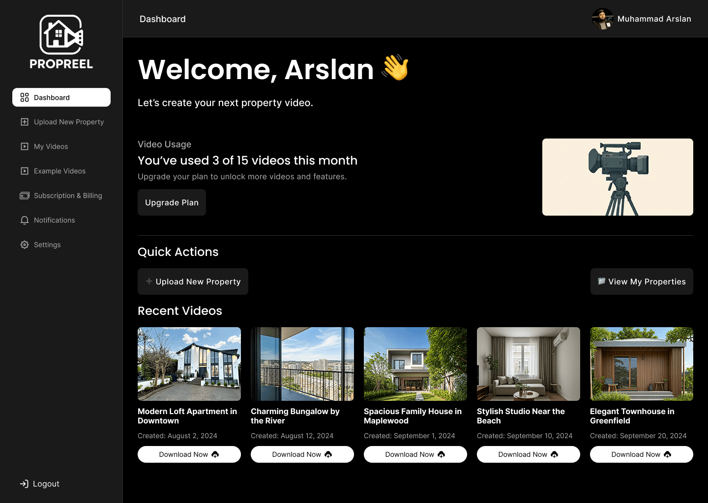 PropReel Real Estate Web App interface preview